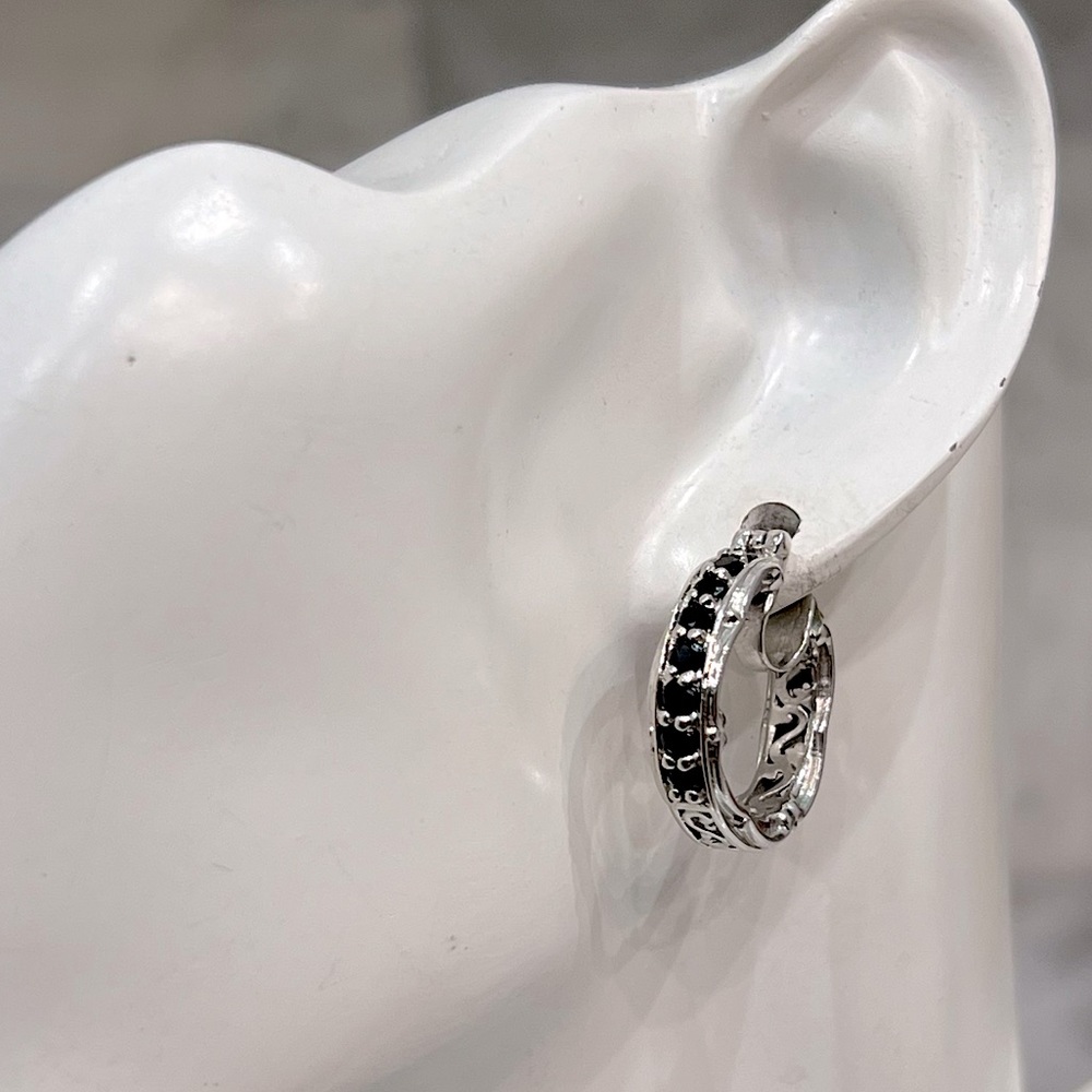 Thai Black Spinel Silver Hoop Scroll Detailed Earrings - Picture 8 of 14